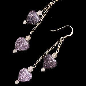 🆕Vintage 2-Tiered Sterling Silver Purple Goldstone Hearts & RQ Dangle Earrings